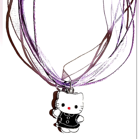 Hello Kitty Charm In Cute Black Dress On A Purple Layered Ribbon Necklace - Picture 6 of 7